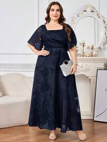 Reflora Plus Size Women's Square Neck Ruffle Sleeve Elegant Dress - Navy Blue - View 7