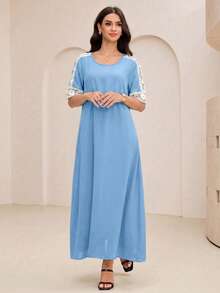 Lacomfia 女士圆领蕾丝拼接休闲派对中长连衣裙 - 藍色 - 查看 4