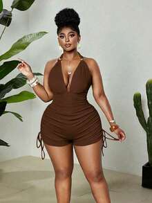 Maweii Plus Size Women's Chocolate Brown Summer Classy Vacation Holiday Bodycon Romper,Halter Neck Metal Decor Button Bow Tie Backless Side Drawstring - Brown - View 6