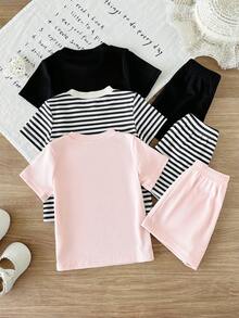 SHEIN 6pcs/Baby Girl's Summer Short-Sleeved Solid Color Knitted Ribbed Top And Shorts Set With Cute And Fun Cherry, Strawberry, And Lemon 3D Patch Decorations - Multicolor - View 2