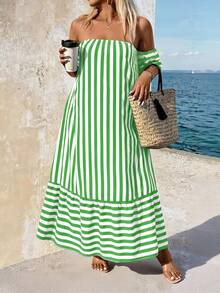 Breezaya Plus Size Off-Shoulder Striped Long Loose Dress, Fashionable Summer - Lime Green - View 3