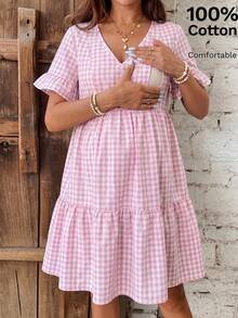SHEIN Đầm bầu cổ chữ V kẻ caro xếp ly, kiểu dáng thường ngày, thích hợp cho kỳ nghỉ hoặc đi làm. - Hồng - Xem 1