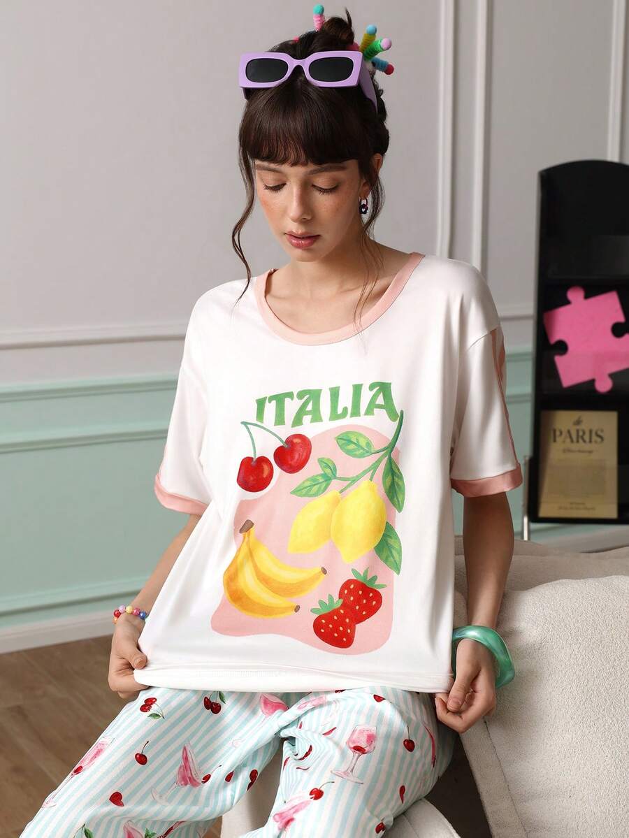 Chillnights 水果印花休闲家居服撞色插肩T恤,适合睡衣和户外穿着 - 白色 - 查看 1