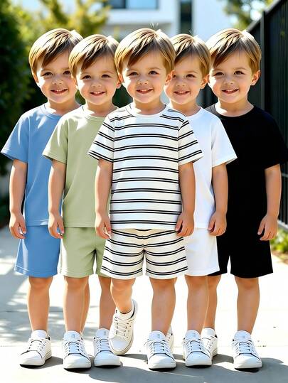 Bộ 10 món áo thun cổ tròn tay ngắn và quần short màu trơn cho bé trai, mềm mại và thoải mái, thích hợp mặc ở nhà và ngoài trời.