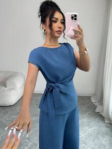 SHEIN PETITE 女款優雅夏季水藍色通勤休閒百褶可調腰蝴蝶結襯衫與高腰口袋寬鬆寬腿褲套裝，2件組，適合嬌小女性 - 藍色 - 查看 3