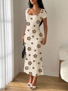 Modelyn Summer Square Neck Mermaid Ruffle Hem Bodycon Dress Vacation Off-White Elegant Cute Picnic - Multicolor - View 6