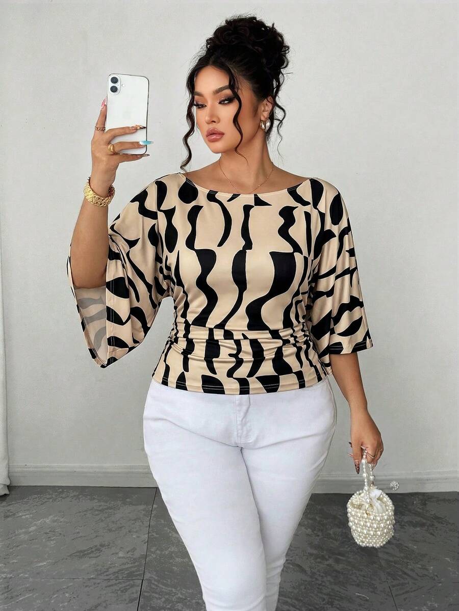 SHEIN Elenzya Plus Size Women's Knitted High Stretch Bell Sleeve Round Neck Solid Color Elegant T-Shirt - Multicolor - View 1