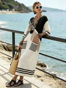 Ceyna Plus Size Women's Spring/Summer Fashion Minimalist Elegant V-Neck 3/4 Sleeve Loose H-Line Striped Dress - Multicolor - View 2
