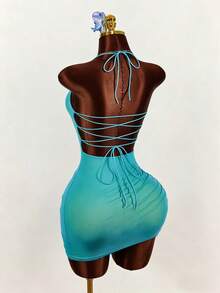 Mistrie Vestido mini ajustado con cuello halter de malla transparente azul con escote de corazón y drapeado, vestido de playa y salida para mujeres, nuevo para el verano de 2026 - Multicolor - Ver 7
