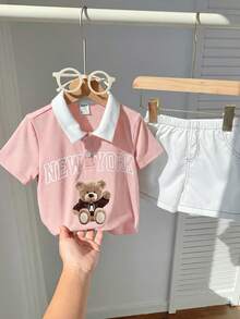 SHEIN 2件套幼儿男童休闲可爱撞色泰迪熊印花短袖polo衫和白色短裤套装，男婴服装，短袖上衣 - 彩色 - 查看 6