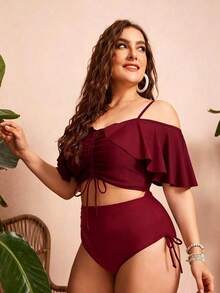 Swim Chiccia Women's Solid Color Spaghetti Strap Off-Shoulder 2-Piece Bikini Set With Ruffles And Drawstring - Elegant And Stylish For Vacation - Bordeaux - View 4