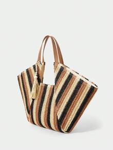 Large Capacity Bohemian Woven Straw Tote Bag With Fringe And Striped And Plain PU Handles For Beach Vacation Summer - Aprikot - View 2