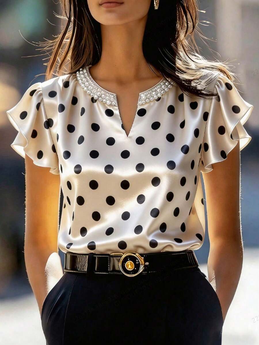 SHEIN 女士香槟色缎面珍珠领宽松短袖衬衫,法式优雅珍珠装饰缎面短袖上衣,温柔优雅珍珠领缎面短袖上衣 - 杏色 - 查看 1