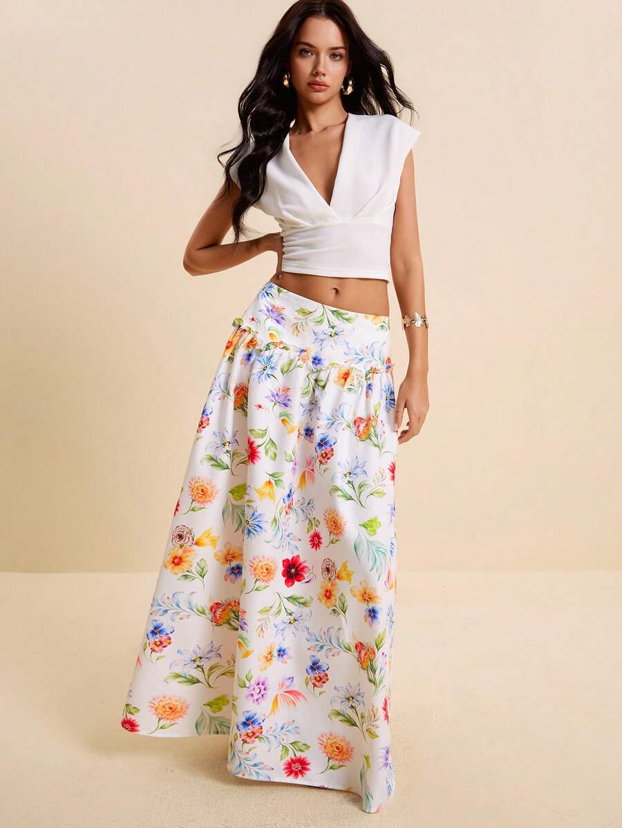 LOTSLUV Women's Elegant Vaquera Tropical Lovely Boho Summer Vacation Long Skirt - White Floral Base With Ditsy Print Ruffled Smocked Waist Loose Casual Party - Multicolor - View 1