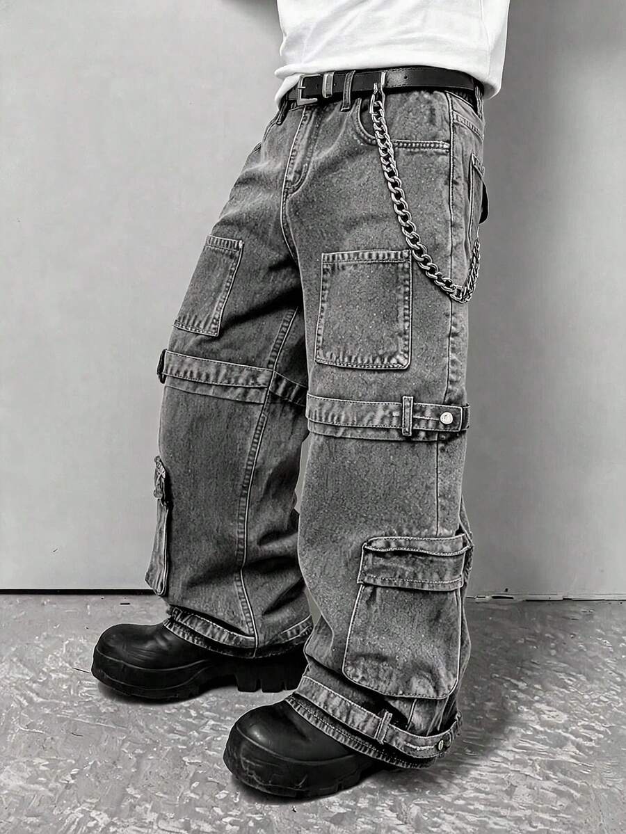ROMWE MEN Street Life Jeans holgados con bolsillos cargo para hombres - Gris - Ver 1