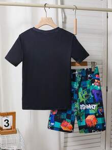 Dozemod 儿童青少年男童卡通积木恐龙印花夜光圆领短袖短裤舒适休闲紧身睡衣套装，2 件套 - 彩色 - 查看 2