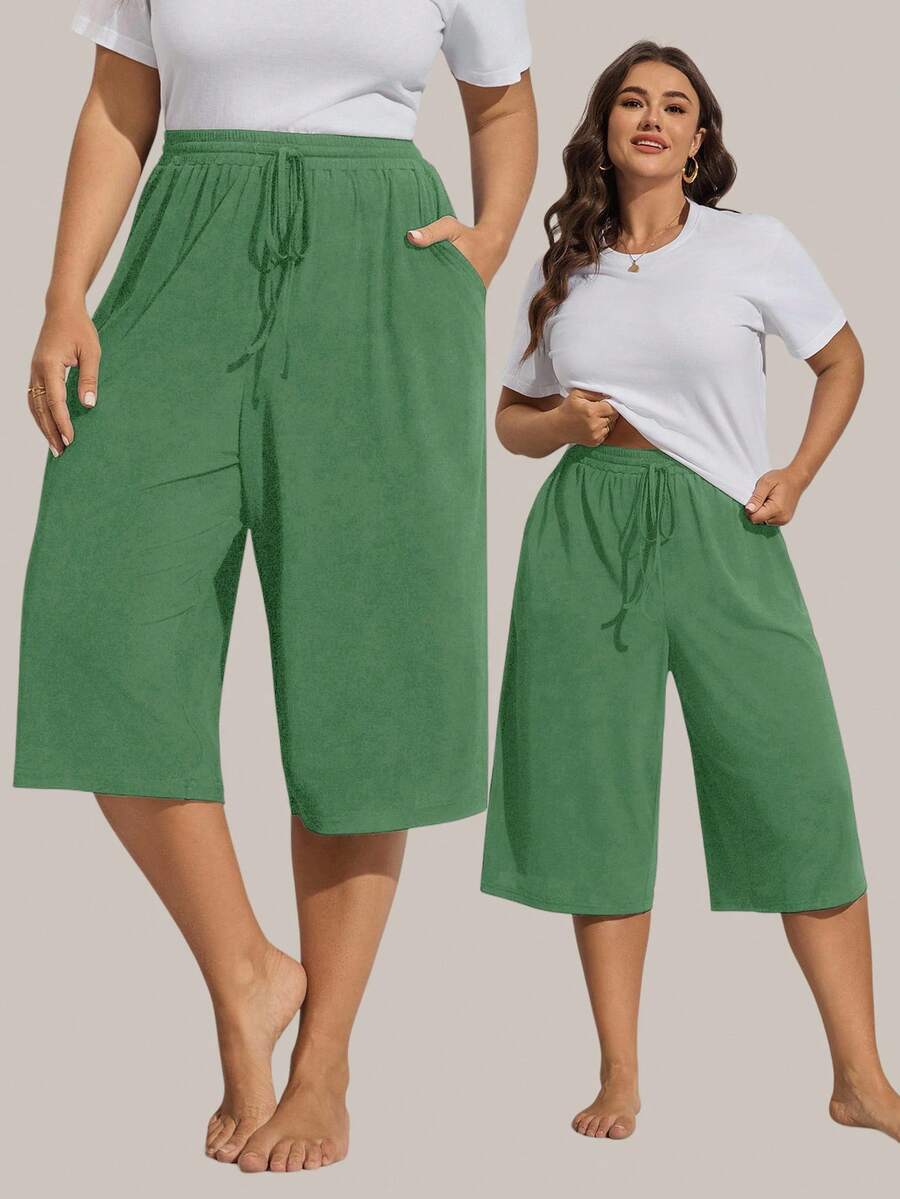 Comfylo Quần lửng nữ cỡ lớn mùa hè màu đen, chất liệu vải dệt kim mỏng nhẹ, mềm mại, không bết dính, thân thiện với da, kiểu dáng thể thao cơ bản, có túi, cạp chun co giãn phía trước, ống quần suông cạp cao giúp thon gọn vóc dáng. - xanh quân đội - Xem 1