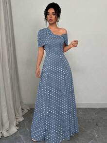 SHEIN Elenzya 不对称肩部褶皱腰身A字型优雅浪漫连衣裙 - 彩色 - 查看 5