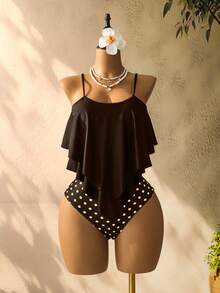 Swim Lushoire Women's Beach Vacation Ruffle Strap Tankini Set, Random Print - Brown - View 1
