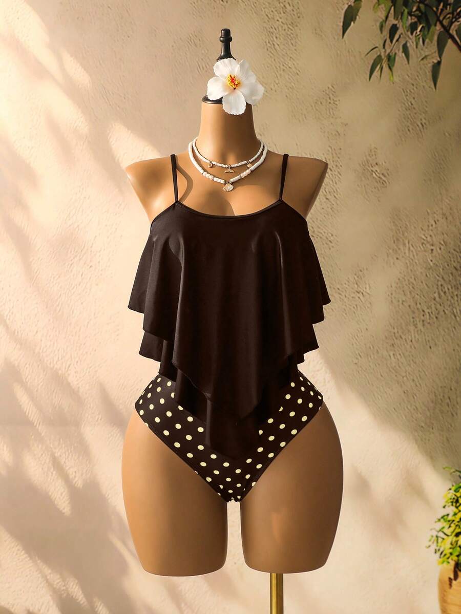 Swim Lushoire Women's Beach Vacation Ruffle Strap Tankini Set, Random Print - Brown - View 1