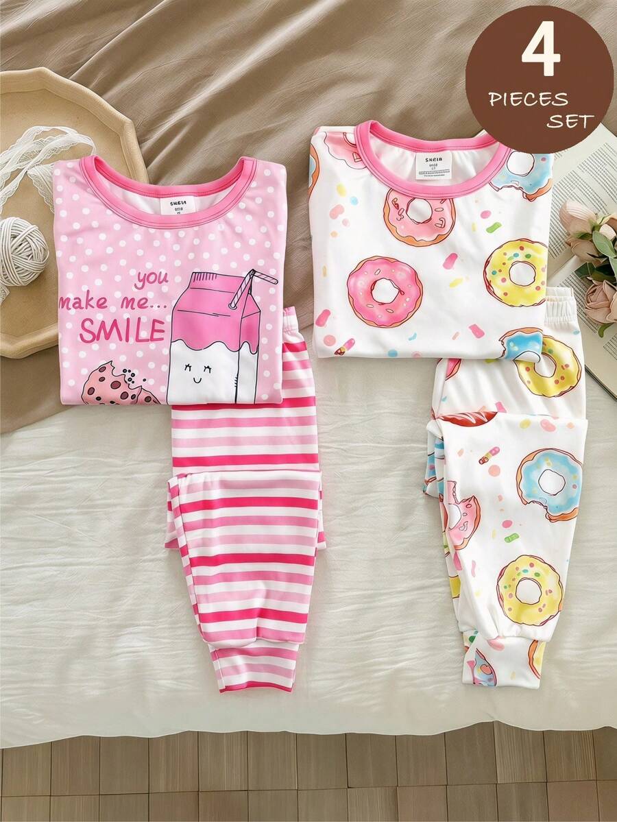 SHEIN 4pcs Young Girl Knitted Cute Donut Pattern Round Neck T-Shirt & Leggings Homewear Set - Multicolor - View 1