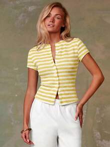 Athîral Women's Casual Striped Button-Front Top, Summer - Yellow - View 5