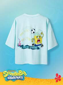SpongeBob SquarePants | SHEIN TOKVUE 男士圆领卡通字母印花休闲百搭日常穿搭T恤 - 淺藍色 - 查看 4