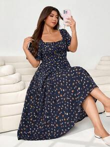 Solflare Plus Size Women's Floral Print Tie-Front Dress, Vacation Style - Navy Blue - View 3