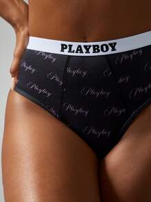 Missguided x Playboy High Rise Seamless Logo Print Hipster Panties Elastic Band Knit Underwear Smooth Briefs Flattering Fit Classic Design Modern Intimate Lounge Bottom - Black - View 3