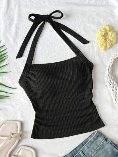 SHEIN Áo hai dây dệt kim màu vàng mù tạt, chất liệu jacquard, kiểu cổ yếm, thắt eo, ôm sát, thời trang, thích hợp cho mùa xuân/hè, dự tiệc, hẹn hò, ngày Valentine, tiệc trà chiều, lễ Phục sinh, lễ hội, du lịch biển và các kỳ nghỉ.