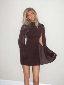 Sydney Algeri Mini Bodycon Dress With Stand Collar Cape, Solid Color Elegant - Brown - View 4