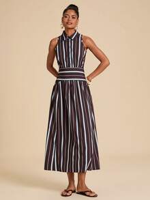 Travachic Elegant Striped Print Front Button Sleeveless Summer Dress,Summer ,Beach ,Elegant,Vacation Dress, - Multicolor - View 7