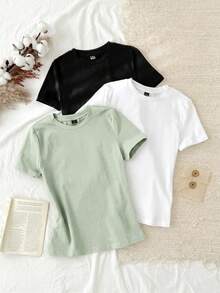 Tseoso Bộ 3 món áo thun nữ tay dài cổ tròn dáng ôm, phong cách tối giản thường ngày, chất liệu 95% cotton. - Nhiều màu - Xem 1