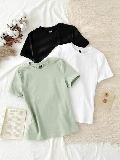 Tseoso Bộ 3 món áo thun nữ tay dài cổ tròn dáng ôm, phong cách tối giản thường ngày, chất liệu 95% cotton.