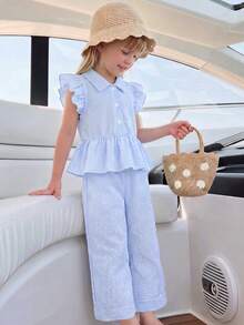 Elladie kids Conjunto de blusa de manga de volantes con lazo y espalda abierta con diseño de gota y pantalones cortos rectos casuales para niñas pequeñas, un atuendo versátil y dulce para el verano - Celeste - Ver 1
