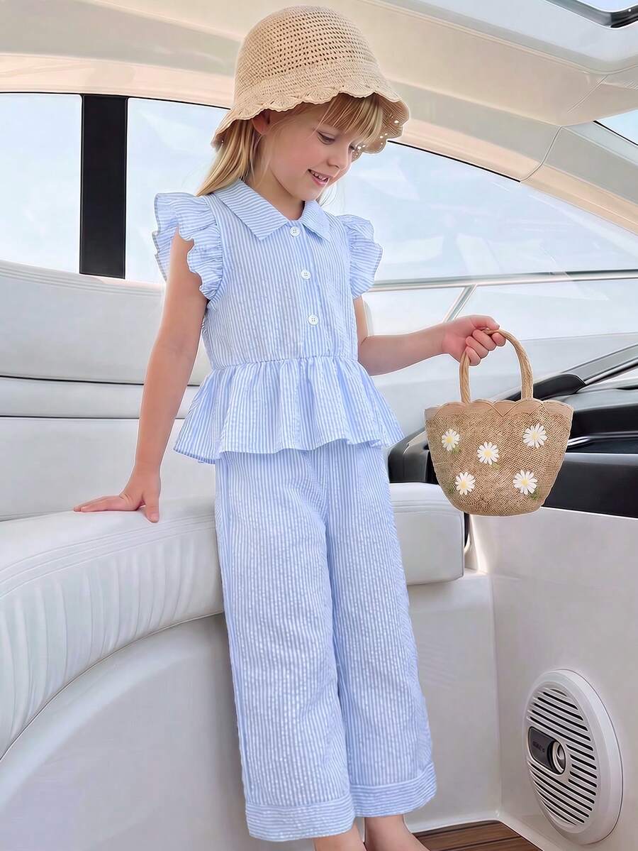Elladie kids Conjunto de blusa de manga de volantes con lazo y espalda abierta con diseño de gota y pantalones cortos rectos casuales para niñas pequeñas, un atuendo versátil y dulce para el verano - Celeste - Ver 1