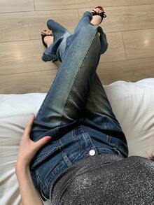 DAZY 女款對比色口袋高腰喇叭褲時尚牛仔褲 深藍色 夏季街頭風 朋克 90年代 Y2K 約會外穿 - 藍色 - 查看 3