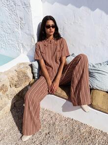 Nöista Chinese-Style Brown Striped Suit Features A Relaxed, Straight-Leg Cut And Classic, Versatile Color Scheme.Casual Suitable For Spring, Summer - Brown - View 1
