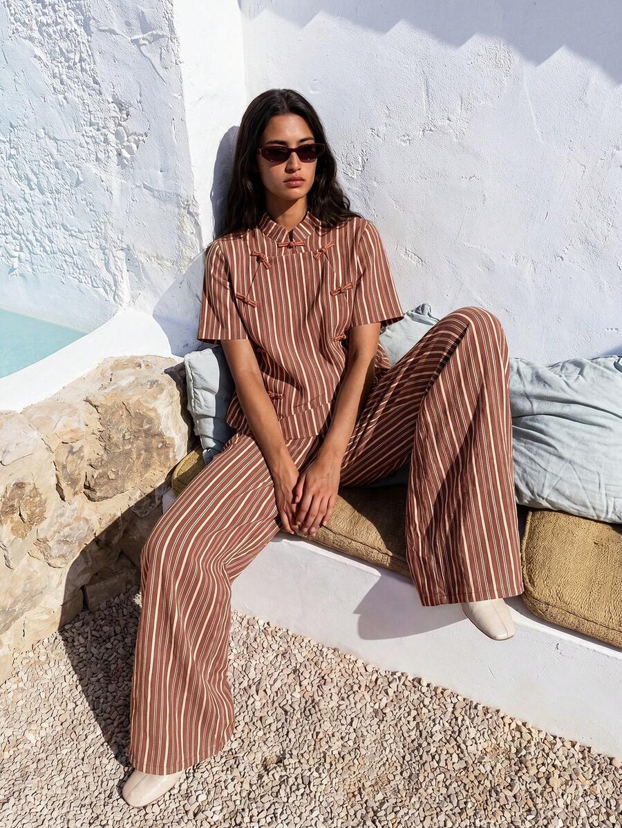 Nöista Chinese-Style Brown Striped Suit Features A Relaxed, Straight-Leg Cut And Classic, Versatile Color Scheme.Casual Suitable For Spring, Summer - Brown - View 1