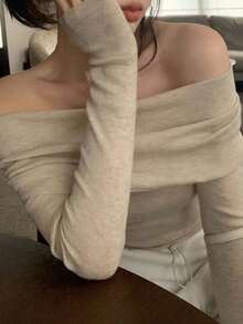 DAZY Women's Solid Color Off-Shoulder Long Sleeve Fitted Sweater, Autumn Off Shoulder Sweater,Long Sleeve Tops,Fall Women Clothes - Camel - View 2