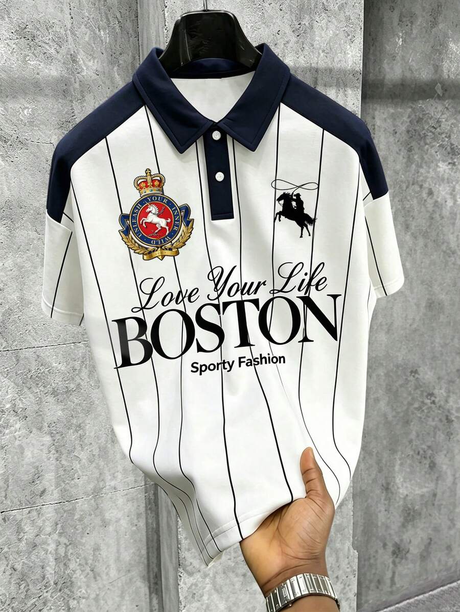 Manfinity EMRG Men's Striped Patchwork Letter Print Casual Versatile Daily Wear Short Sleeve Polo Shirt - Multicolor - View 1