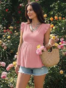 SHEIN Maternity Vacation Casual Solid Color Tie Back Blouse - Dusty Pink - View 3