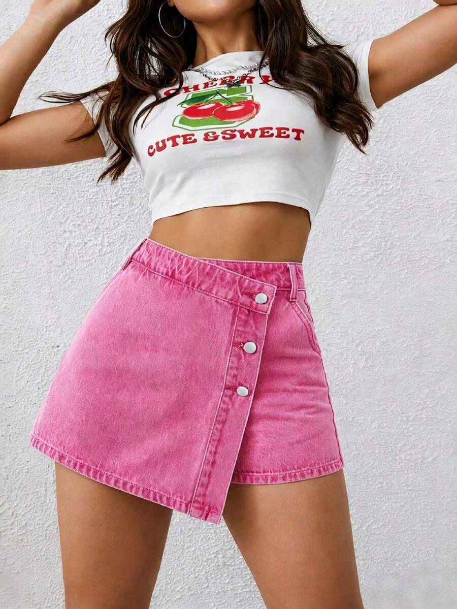 SHEIN ICON 大码女式高腰复古不对称搭扣牛仔短裙 - 粉色 - 查看 1