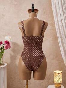 Swim Vcay Retro American Style Brown Base Polka Dot One-Piece Swimsuit, Pink Bow Sexy Babe Hot Spring Resort Swimwear - Multicolor - View 4