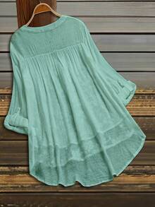 SHEIN LUNE Plus Size Solid Color Textured Elegant Shirt Fall - Mint Blue - View 2