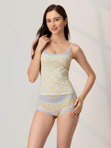 LUVLETTE Bộ đồ ngủ nữ bằng cotton mềm mại, ấm áp, in họa tiết hoa nhí và ren tinh tế, thích hợp mặc hàng ngày. - Màu xanh lam - Xem 11