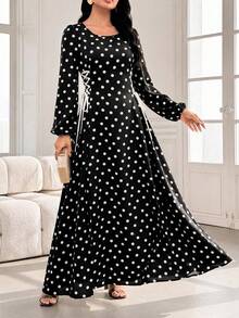 Modelyn Round Neck Lantern Sleeve Side Drawstring Dual-Color Print Dress - Black - View 5