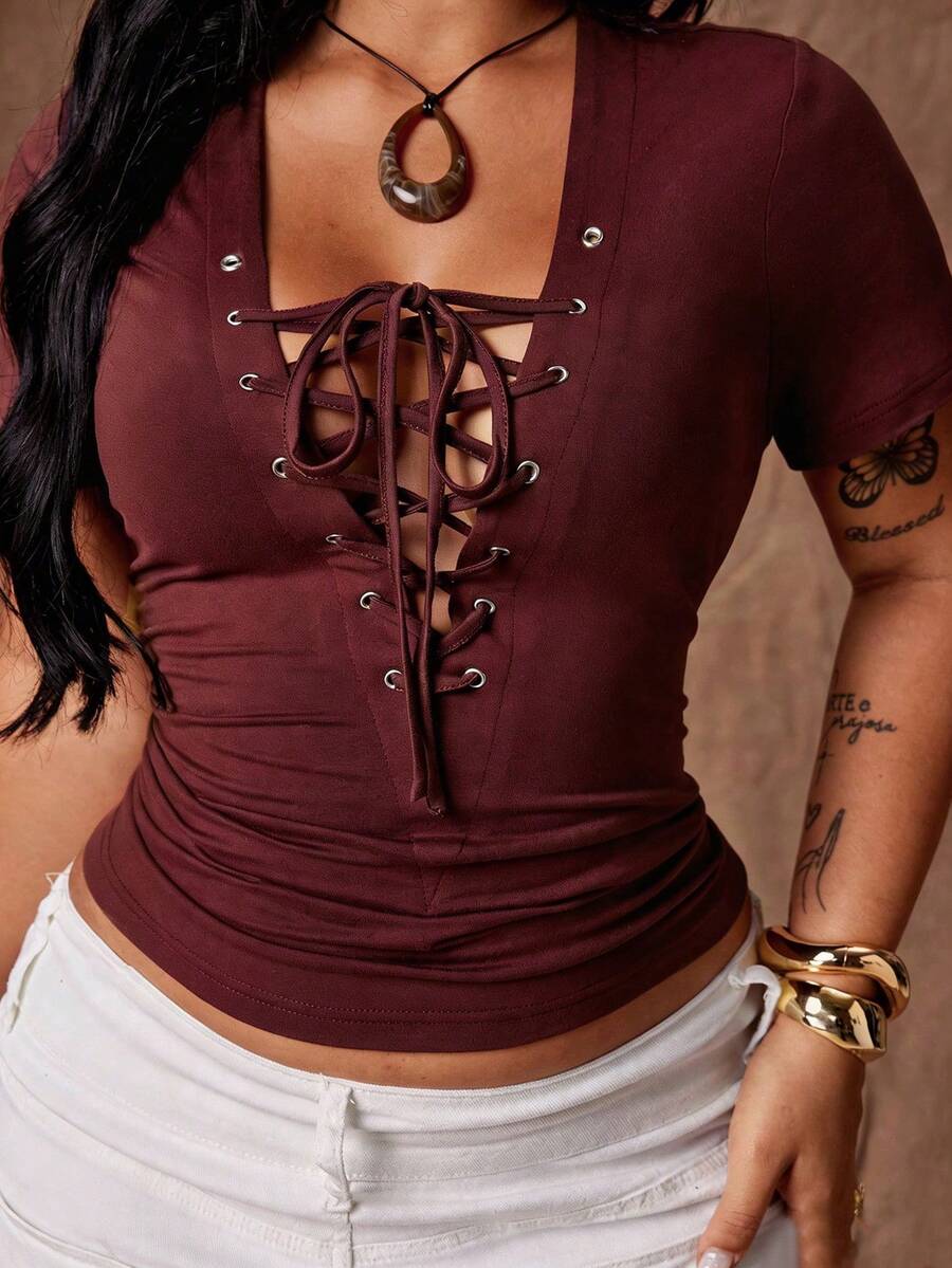 Rustia Plus Size V-Neck T-Shirt With Strap Decor, Dark Style - Burgundy - View 1