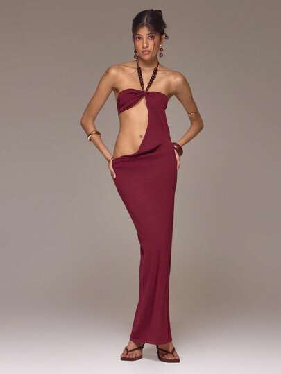 MUSERA Đầm maxi cổ yếm buộc dây, khoét eo, đính hạt, phong cách mùa xuân hè, kỳ nghỉ ở Ibiza (Roja De Sol).