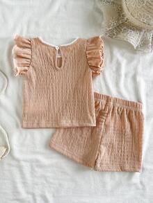 SHEIN 2pcs/Set Baju Bayi Perempuan Usia 0-3 Tahun, Kasual Manis untuk Aktivitas Sehari-hari, Lengan Pendek, Kaos dan Celana Pendek, Musim Semi/Panas - Aprikot - View 2